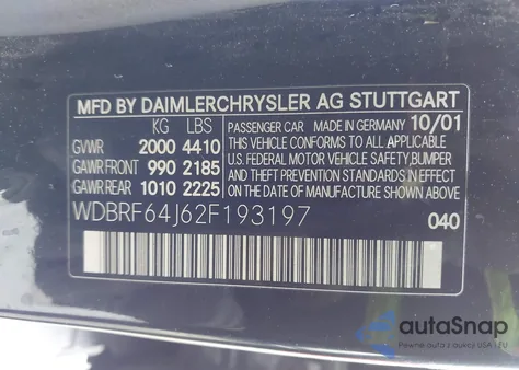 2002 Mercedes-Benz C 320 z USA, uszkodzony, nr VIN WDBRF64J62F193197